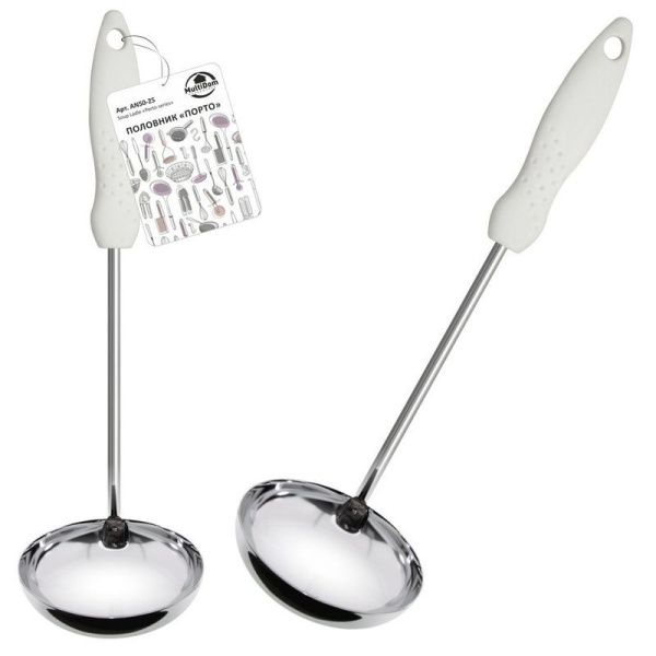 Половник 100мл 32*8,5*6,5см хром ПОРТО ручка пластик белая AN50-25 (6/144)