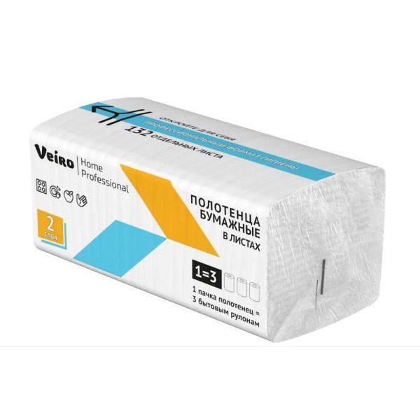 Полотенца бумажные VEIRO HOME PROFESSIONAL V-сложение 2-х слойные 132шт. 21*21,6см (20)