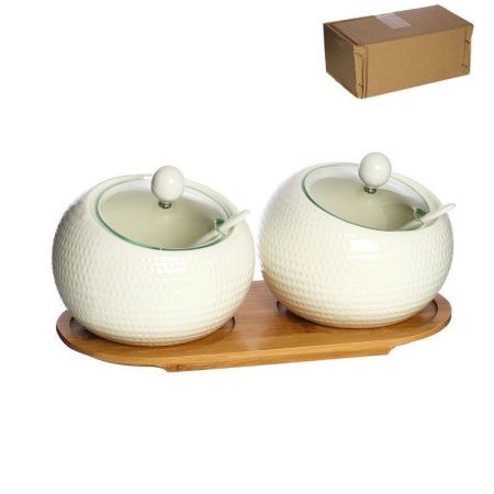 Набор банок для специй керамика 2пр 550мл с ложками на дер.подставке CF109 (24)