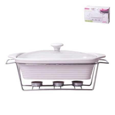 Мармит 2,4л керамика прямоугольный 3 свечи (стекл.крышка, мет.подставка) 36*12,5*21см арт. 6403