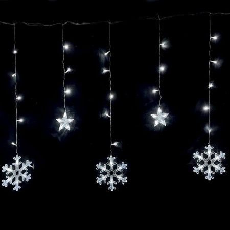 Гирлянда эл. Бахрома Звезды и снежинки 2,5*0,85м 120LED теплый белый шнур 1м цв.уп JC-15331 (30)