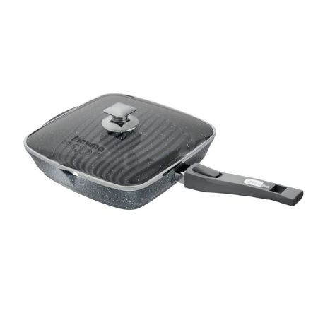 Сковорода-гриль квадратная 28*28см алюминий АП ГРАНИТ с ручкой, стекл.крышка (6)