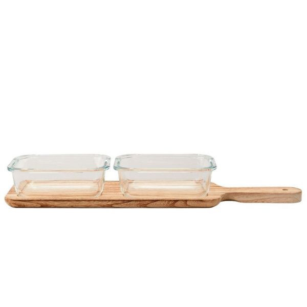 Менажница 2 секции 370мл стекло на деревянной подставке (12)