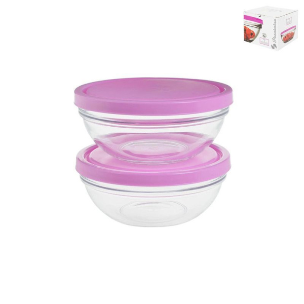Салатники набор 2пр 17см 1л стекло ШЕФС с розовой крышкой (12)