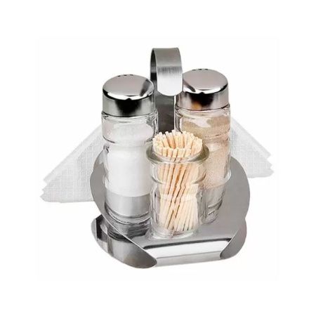 Набор для специй нерж.сталь 4пр (солонка 40мл, перечница 40мл, подставка для зубочисток,салфетница)
