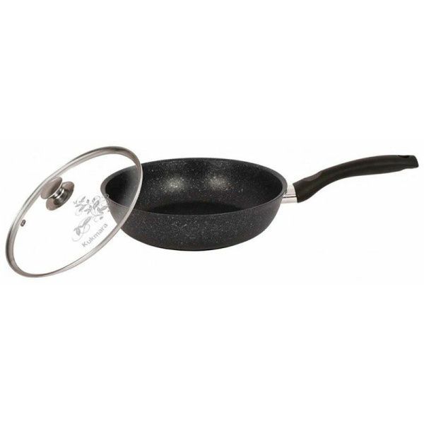 Сковорода 28см h6,5см алюминий АП с несъемной ручкой стекл.крышкой темный мрамор (4)