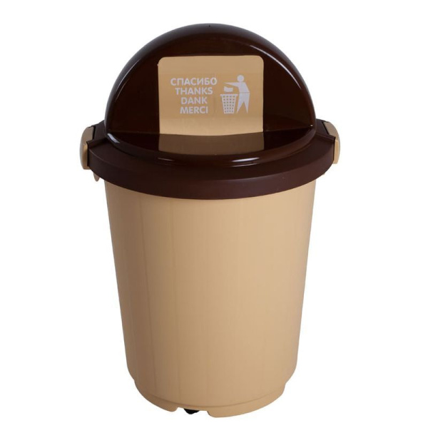 Бак для мусора 105л 55,5*55,5*62,5см пластик бежевый с крышкой-клавишей на колесах (5)