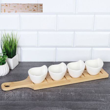 Менажница 4 секции 100мл 47*10см  керамика/дерево Капельки S440 (32)