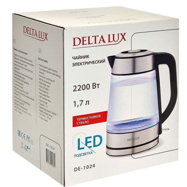 Чайник электрический 1,7л стекло 2200Вт DELTA LUX DE-1024 черный (6)