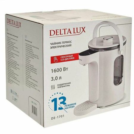 Чайник-термос 3л стекло DЕLTA LUX DE-1701 LCD дисплей, 1600 Вт, 13 режимов поддерж. t, белый  (4)