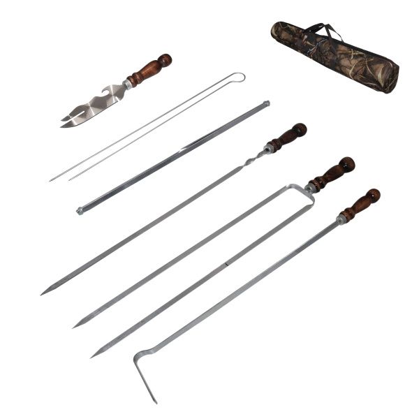 Набор походный (шампура 6шт,для грибов 2шт,нож,вилка-шампур,таганок,кочерга) сталь в тубусе камуфляж