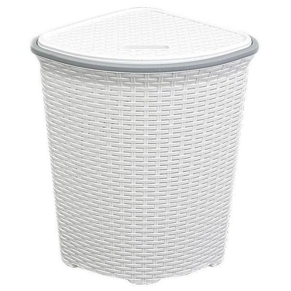 Корзина для белья 60л пластик РОТАНГ белая угловая с крышкой (5/8)