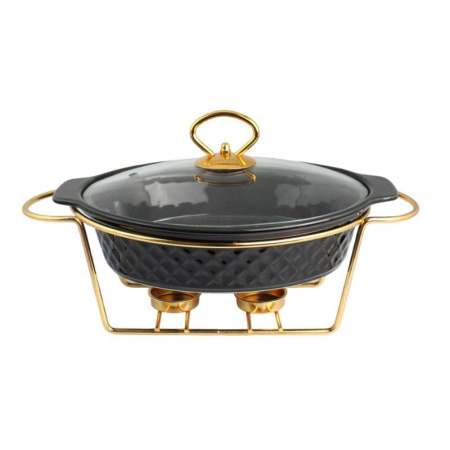 Мармит керамика 1л овальный 2 свечи (стекл.крышка, мет.подставка) BK-7453 (4)