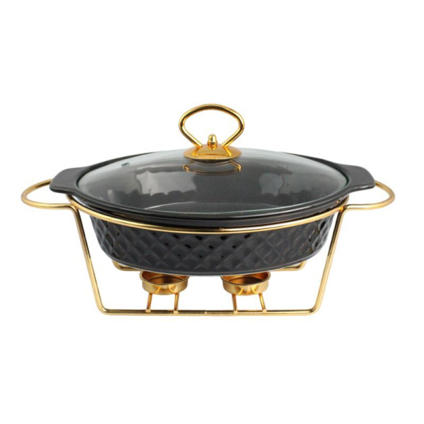 Мармит керамика 1л овальный 2 свечи (стекл.крышка, мет.подставка) BK-7453 (4)