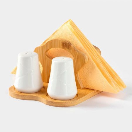 Набор для специй 3пр (солонка, перечница, салфетница) фарфор на дерев подставке Bella Tenero (36)