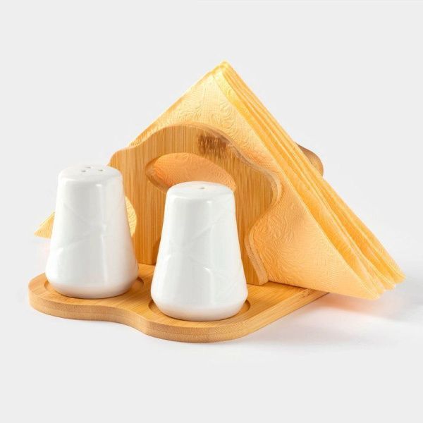 Набор для специй 3пр (солонка, перечница, салфетница) фарфор на дерев подставке Bella Tenero (36)