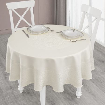 Скатерть 160см жаккард водонепроницаемый круглая Karna DARVIN (Кремовый)