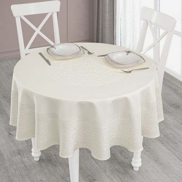 Скатерть 160см жаккард водонепроницаемый круглая Karna DARVIN (Кремовый)