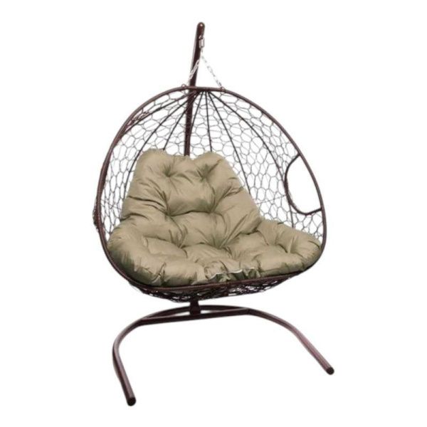 Кресло подвесное Для двоих с ротангом 120*125*190см металл корич,бежевая подушка (max нагр.160кг)
