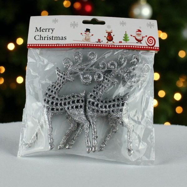 Игрушки новогодние на елку ОЛЕНЬ набор 2шт 14*6см пластик серебро OSHR20-313/JC-16470 (800)