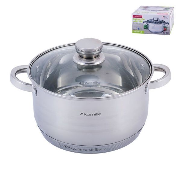 Кастрюля 5л нерж.сталь стекл.крышка 24см индукция арт. 4913 (4)