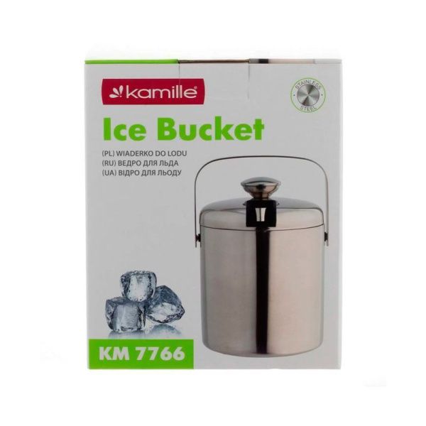 Ведерко для льда с крышкой 1,3л нерж.сталь щипцы, поддон с отверстиями, серебристый, арт. 7766 (12)