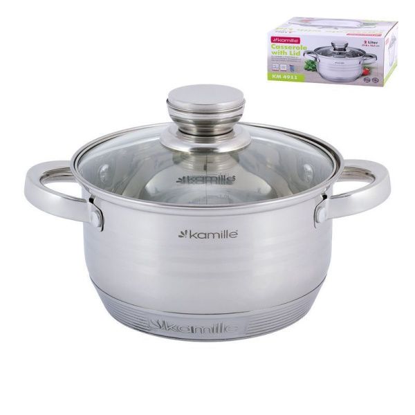 Кастрюля 2л нерж.сталь стекл.крышка 18см индукция арт. 4911 (4)