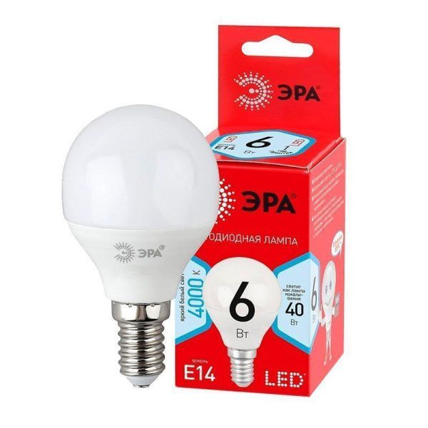 Лампа светодиодная стекло ЭРА LED smd P45-6w-840-E14 R (бел.свет)
