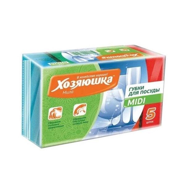 Губка для посуды 5шт 8,5*5,5*2,5см ХОЗЯЮШКА Мила MIDI Г-05 (60)