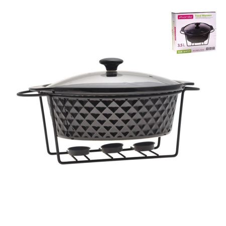 Мармит 3,5л 33*28,5*10см керамика круглый 3 свечи мет.подставка черный арт.6427 (4)