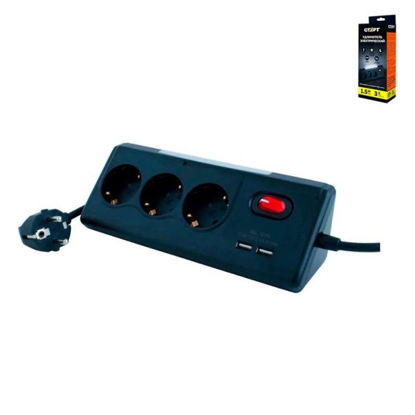 Колодка компактная на 3 розетки пластик 1,5м 16А, сенсорный датчик СТАРТ черный (12)