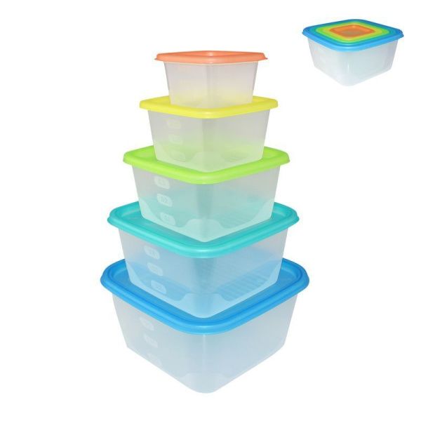 Набор контейнеров пищевых 5пр (1,7/1,1/0,63/0,33/0,15л) пластик Fusion квадратные микс (12)