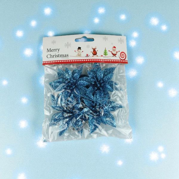 Игрушки новогодние на елку ПУАНСЕТТИЯ набор 4шт 6,5*6,5см синий OSHRIP-418/JC-16462 (1600)