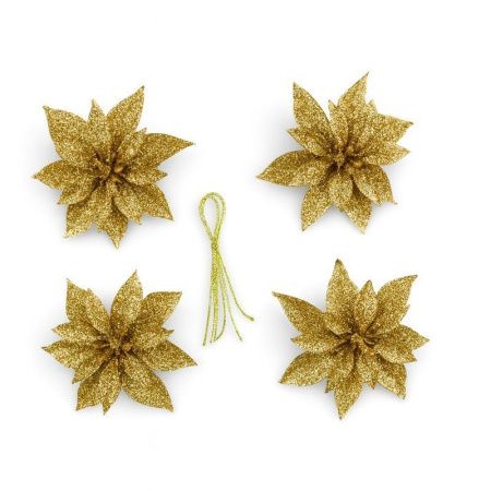 Игрушки новогодние на елку ПУАНСЕТТИЯ набор 4шт 6,5*6,5см золото OSHRIP-418/JC-16459 (1600)