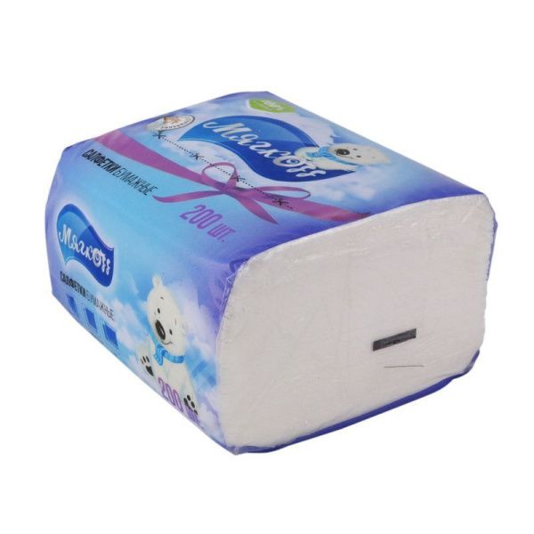 Салфетки бумажные набор 200шт однослойные V-сложение 22*13см МЯГКОФФ белые в цветной упаковке (24)