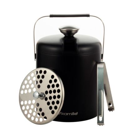 Ведерко для льда с крышкой 1,3л нерж.сталь щипцы, поддон с отверстиями, черный, арт. 7767 (12)