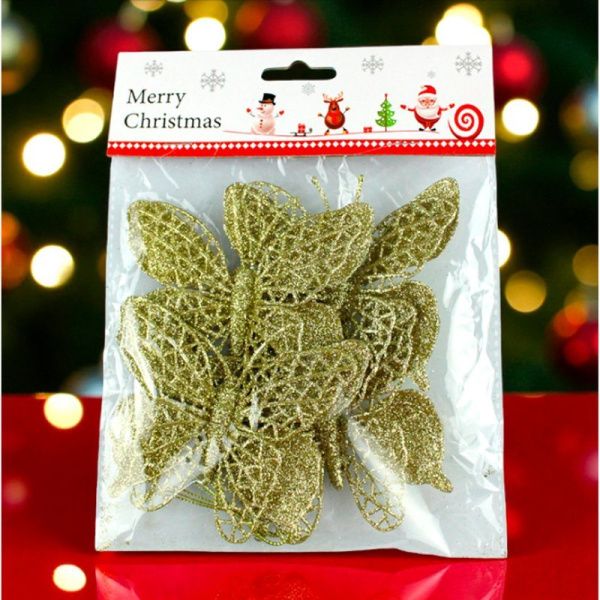 Игрушки новогодние на елку БАБОЧКА набор 4шт 9,5*10см пластик золото OSHRIP-421/JC-16554 (800)