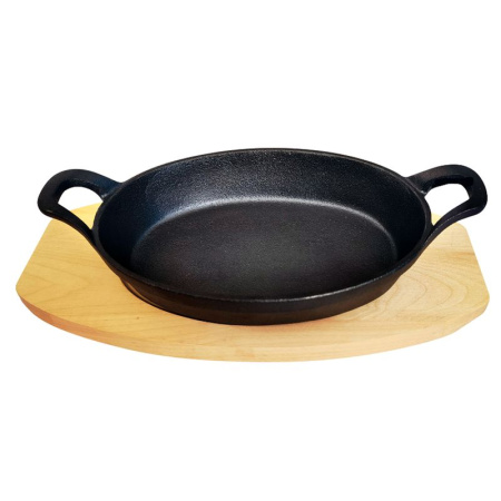 Сковорода 16см чугун овал с 2 ручками на дер.подставке TM MY REAL IRON COOK (12)