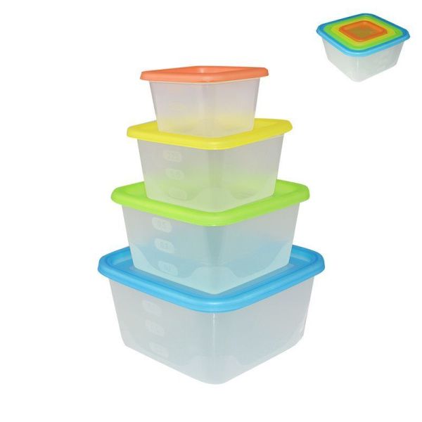 Набор контейнеров пищевых 4пр (1,1/0,63/0,33/0,15л) пластик Fusion квадратные микс (40)