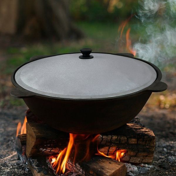 Казан уличный 22л 50см чугун с крышкой круглое дно