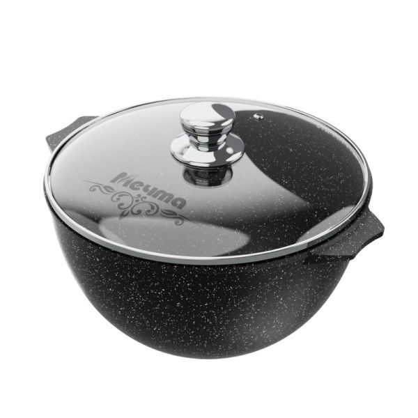 Казан для плова 10л алюминий АП ГРАНИТ BLACK стекл.крышка 34см (3)