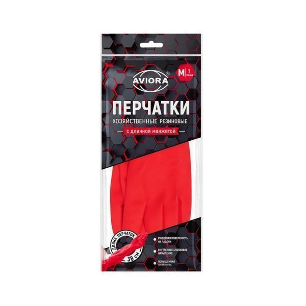 Перчатки резиновые с удлиненной манжетой 38см красные р-р M AVIORA (60)