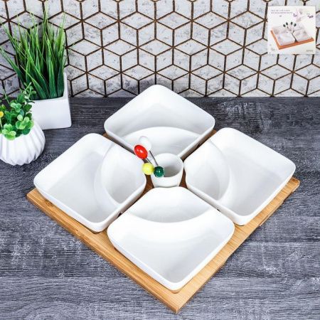 Менажница 4 секции 4шт 25*25см керамика/дерево со шпажками JD7033 (12)