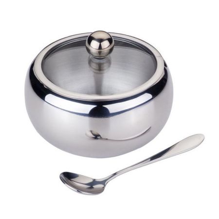 Сахарница 560мл нерж.сталь с ложкой, стекл.крышкой (12)