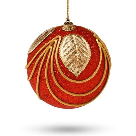Игрушка новогодняя на елку ШАР 10см Листок пластик красный с золотом JC-15044 (216)