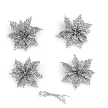 Игрушки новогодние на елку ПУАНСЕТТИЯ набор 4шт 6,5*6,5см серебро OSHRIP-418/JC-16460 (1600)