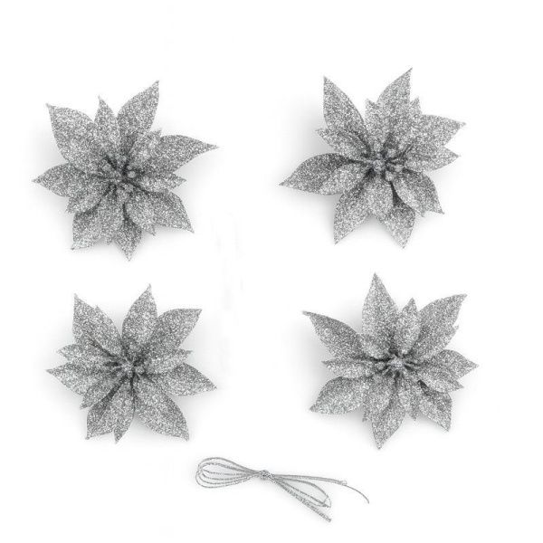 Игрушки новогодние на елку ПУАНСЕТТИЯ набор 4шт 6,5*6,5см серебро OSHRIP-418/JC-16460 (1600)