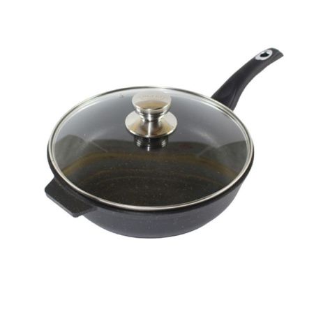 Сковорода 28см алюминий АП Granit Perfection natural с несъемной ручкой стекл.крышкой (6)